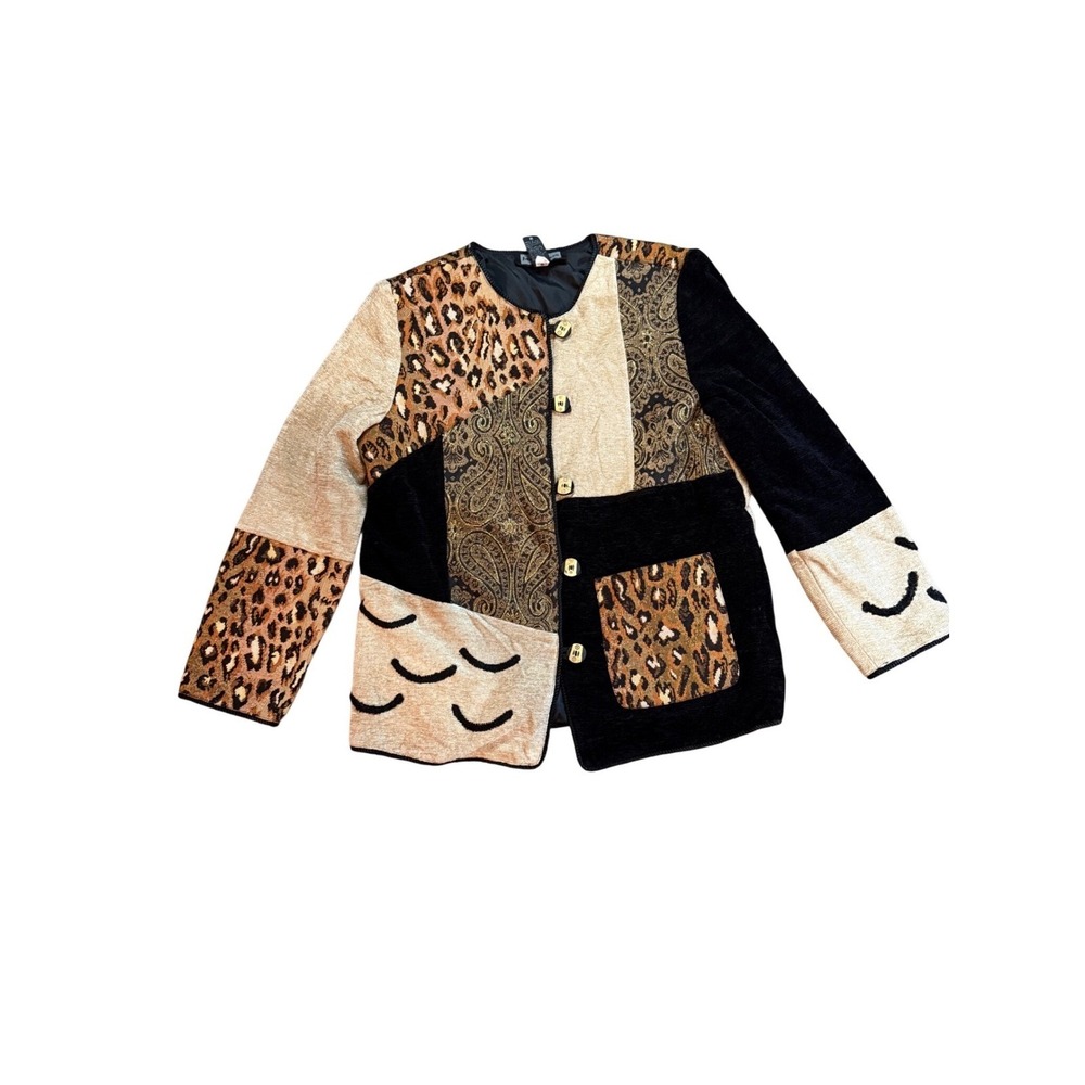 Indigo‎ Moon Patchwork Animal Print Paisley Jacket Black Beige Women's Size M